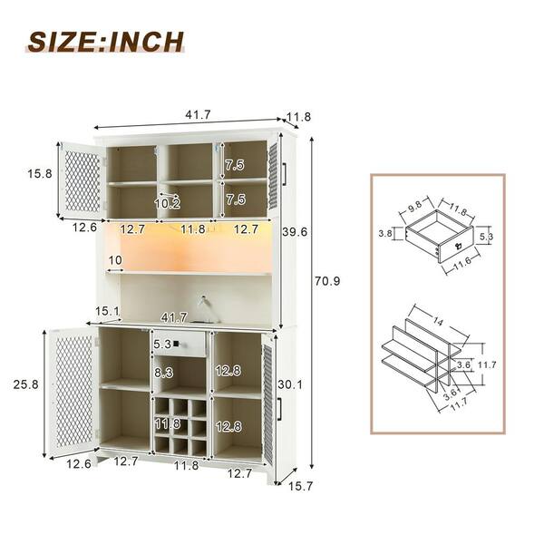 FUNKOL 41.73 in. x 15.75 in. x 70.87 in. White MDF Kitchen Storage Cabinet with LED Outlet, Wine Rack and 4-Doors