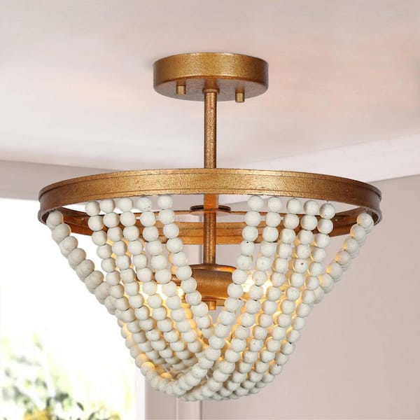 Uolfin 13.8 in. 2-Light Antique Gold Semi-Flush Mount Light with Weathered White Wood Beads