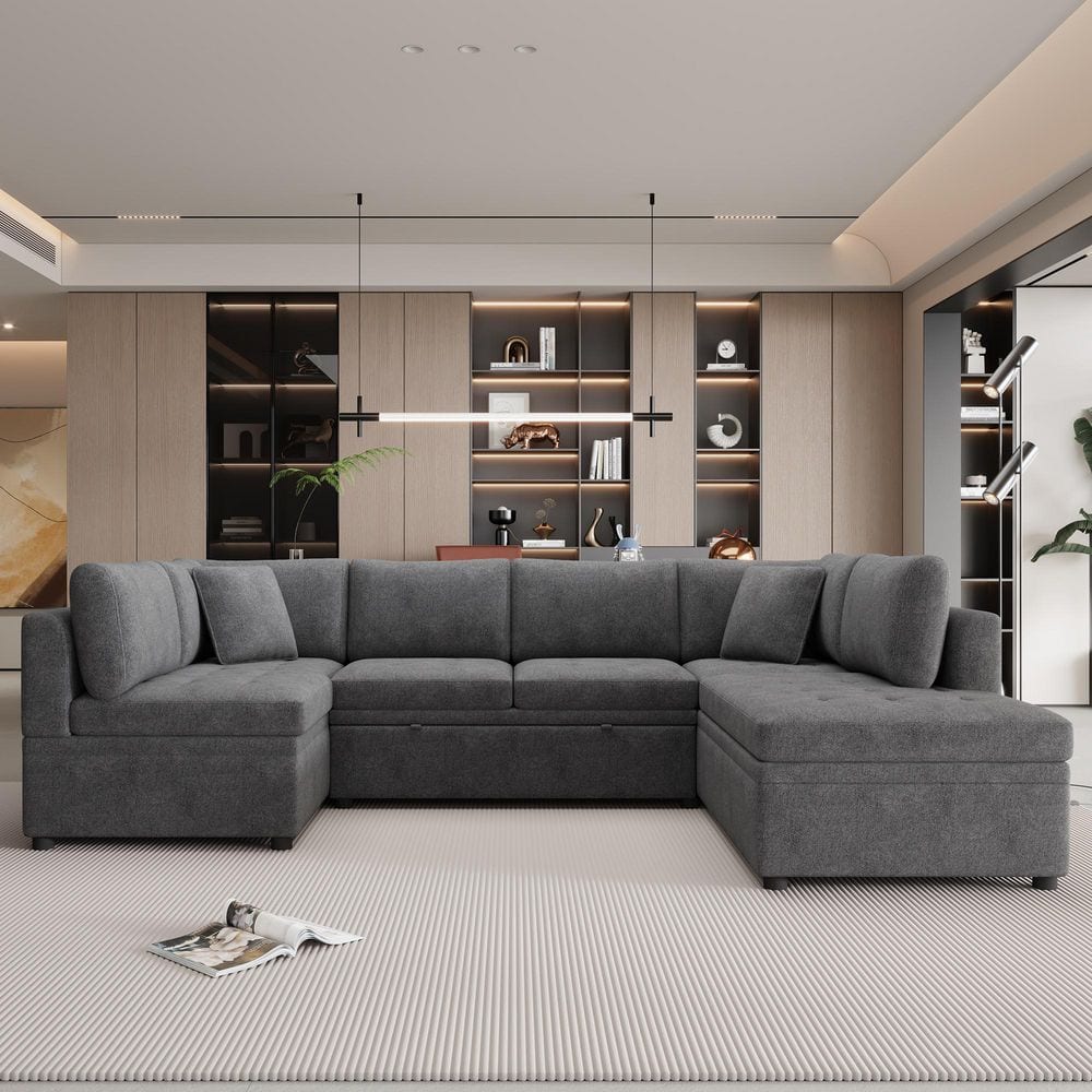 117.30 in. Square Arm Chenille L-Shaped Sofa, Pull-out Sofa Bed with 2 Throw Pillows in. Gray