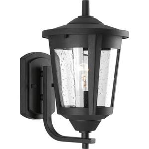 East Haven Collection 1-Light Textured Black Clear Seeded Glass Transitional Outdoor Medium Wall Lantern Light