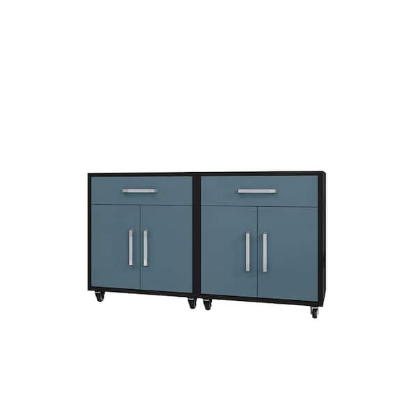 Manhattan Comfort Eiffel 28.35 in. W x 34.41 in. H x 17.72 in. D 2-Shelf Mobile Freestanding Cabinet in Black and Aqua Blue (Set of 2)