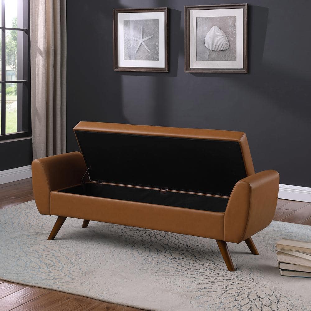 Carmel Vegan Leather Storage Bench with Walnut Wood Legs