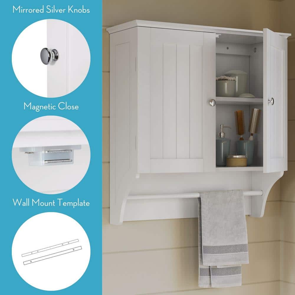 White Wall-Mounted Two-Door Medicine Cabinet with Towel Bar