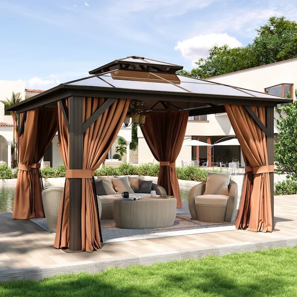 Brown Hardtop Gazebo 12 ft. x 12 ft., Aluminum Frame Permanent Pavilion with Curtains and Netting