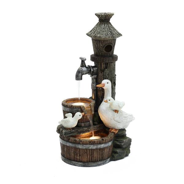 LuxenHome 27.2 in. H Resin Farmhouse Ducks and Birdhouse Outdoor Waterfall Wall Fountain with Lights