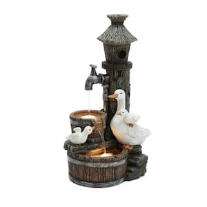 27.2 in. H Resin Farmhouse Ducks and Birdhouse Outdoor Waterfall Wall Fountain with Lights
