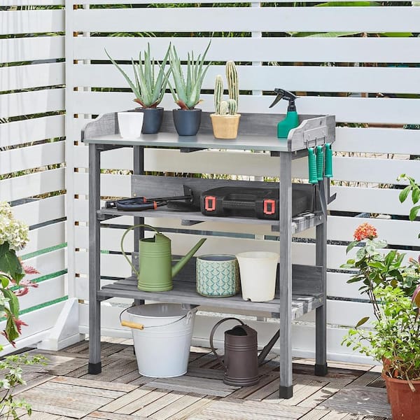 Outdoor Garden Potting Bench Table, Wood Horticulture Planting Workstation with Metal Tabletop and 3 Shelves, Gray