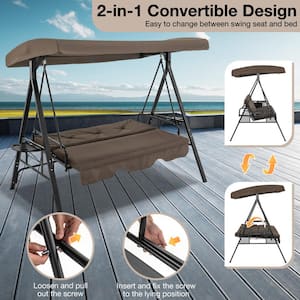 Brown 3-Person Metal Outdoor Patio Swing Chair Yard Lounge Chair with Adjustable Canopy & Removable Cushions