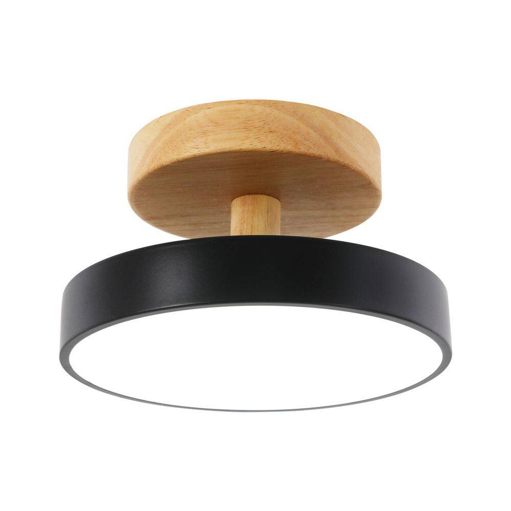 7.08 in. 1-Light Black and Wood Modern Round Selectable LED Semi-Flush Mount Ceiling Light for Hallways Kitchens price history on PriceWatchPro