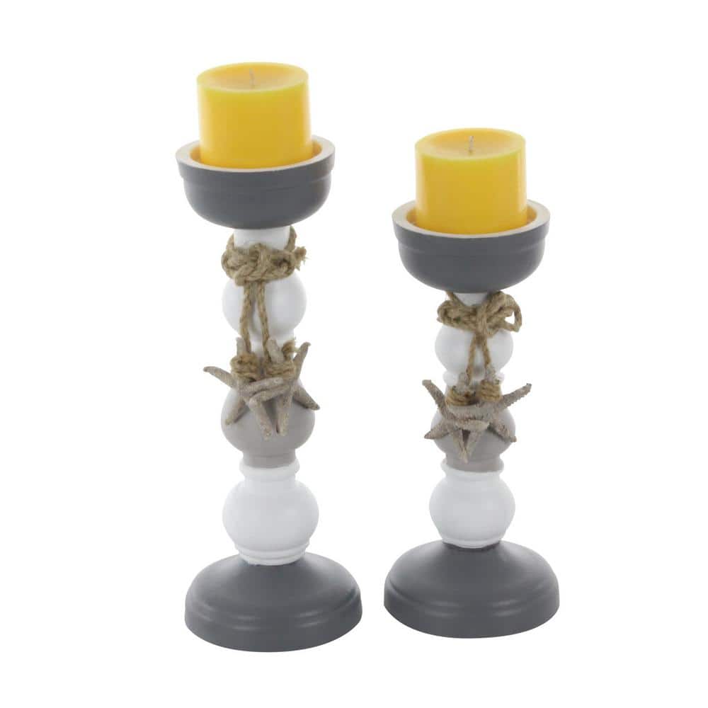 Gray and White Wooden Nautical Candle Holders with Starfish Embellishment, Set of 2