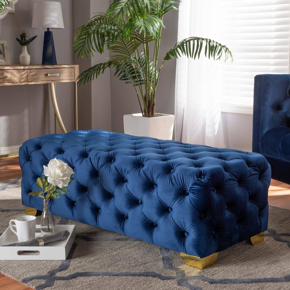 Royal Blue Velvet Tufted Ottoman with Gold Metal Legs