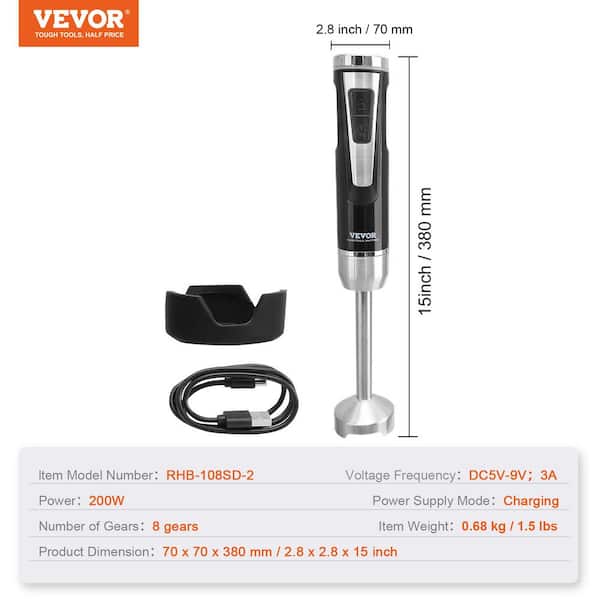 VEVOR Commercial Immersion Blender 200 Watt 8-Speed Heavy Duty Immersion Blender Stainless Steel Blade Copper Motor Hand Mixer USB Charging Cable