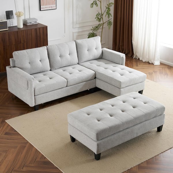 83.4 in. L-Shaped Chenille Sectional Sofa in. Gray with 2 USB Ports and a Reversible Chaise Lounge