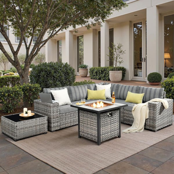 Lanora Gray 7-Piece PE Rattan Wicker Outdoor Patio Conversation Set with Dark Gray Stripe Cushion&Square Fire Pit Table