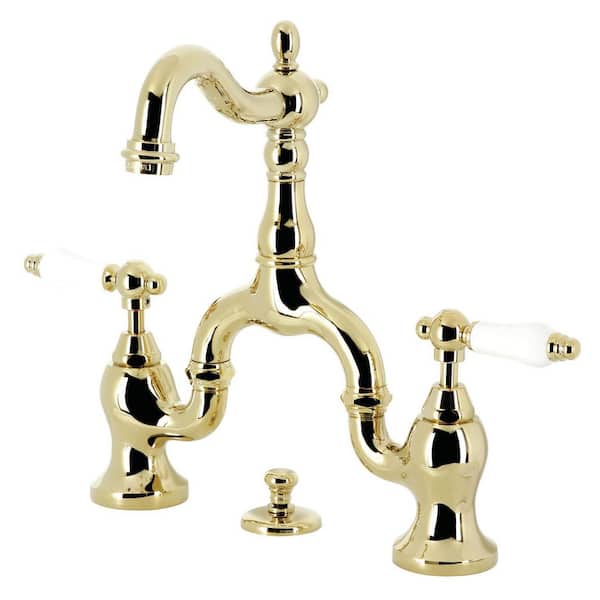 Kingston Brass English Country Bridge 8 in. Widespread 2-Handle Bathroom Faucet with Brass Pop-Up in Polished Brass