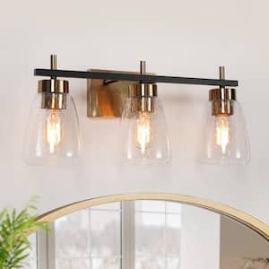 24 in 3-Light Transitional Bathroom Vanity Light Black and Brass Powder Room Wall Sconce Light with Seeded Glass Shades