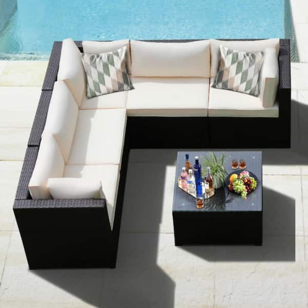 6-Piece Wicker Outdoor Sectional Set Patio Furniture Set with Beige Cushions