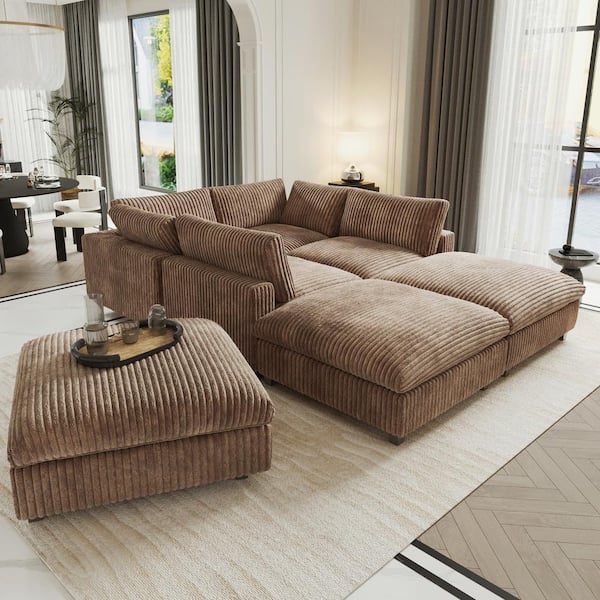 Magic Home 157 in. Square Arm Soft Faux Rabbit Fur Velvet 7-Piece Modular Sectional Sofa with Ottoman,Washable Covers in Brown
