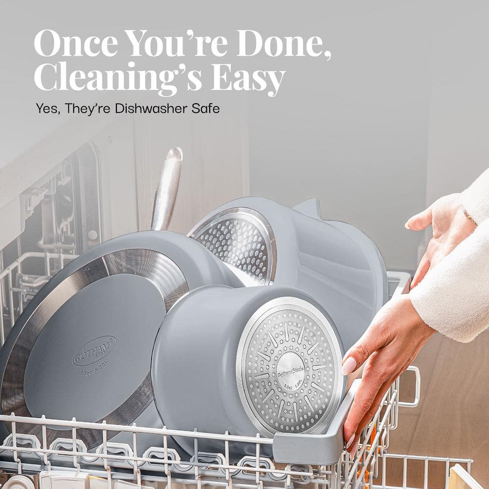 Gray and Cream Aluminum Ceramic Nonstick Cookware Set with Detachable Handles