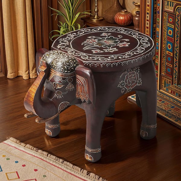 Botswana 17 in. W Novelty Multi-Color Elephant Shaped Hand Painted Solid Wood Side Table