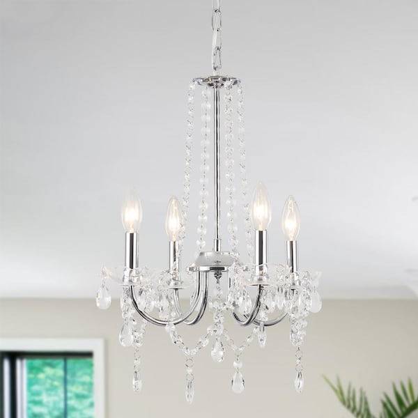 4-Light Chrome Classic Candlestick Crystal Linear Chandelier Lighting for Dining Room Living Room with No Bulbs Included