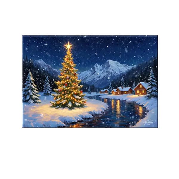 Christmas Tree with Winter Village Scene, 20*30, Snowy Mountains & Cottage-Modern Holiday Wall Art Decor.