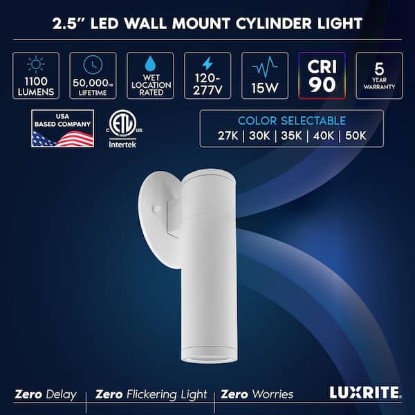 2.5 in. Cylinder LED Hardwired Wall Lantern Scone, 15W, 1100LM, 5CCT CRI 90, Dual Dimmable, 120-277V, IC Rated ETL White