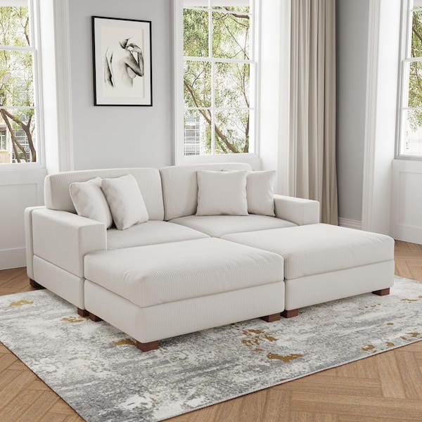 83 in. W Modern Square Arm 4-Piece Corduroy Fabric Sectional Sofa in Beige with 4 Pillows