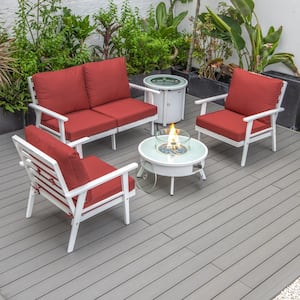 Walbrooke White 5-Piece Aluminum Round Patio Fire Pit Set with Red Cushions and Tank Holder