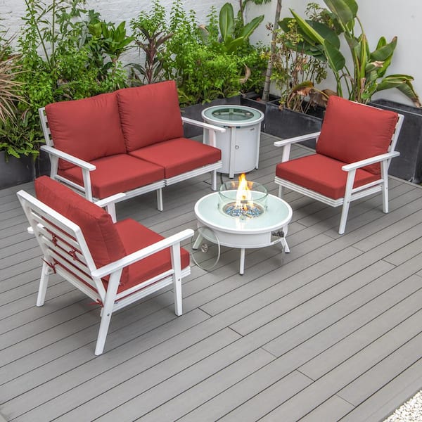 Leisuremod Walbrooke White 5-Piece Aluminum Round Patio Fire Pit Set with Red Cushions and Tank Holder