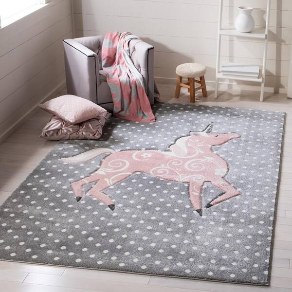 Carousel Kids 7 ft. x 9 ft. Gray/Ivory/Pink Novelty Area Rug