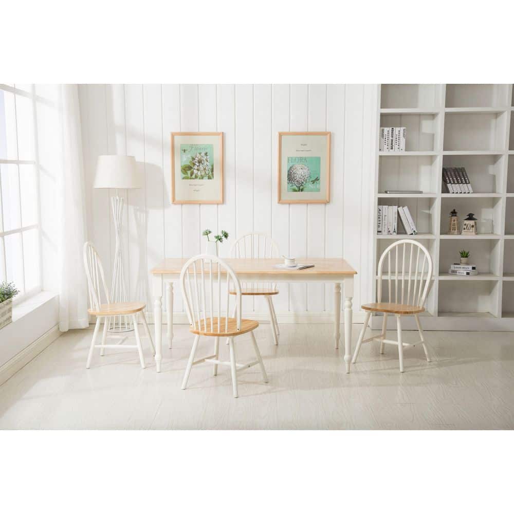 Farmhouse White and Natural Hardwood Dining Set with 4 Chairs