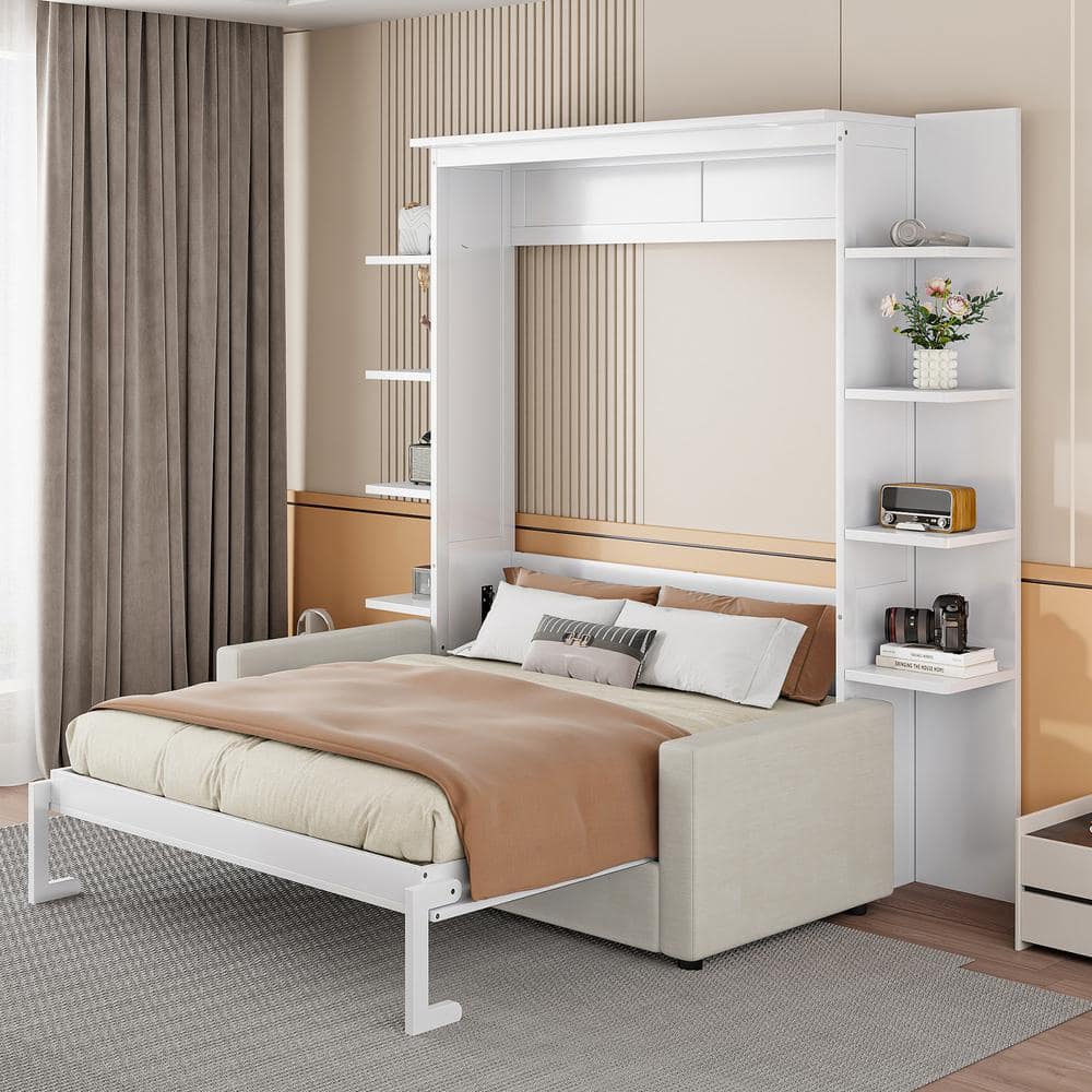 Qualler White Wood Frame Queen Size Murphy Bed with Sofa FSUMLK591K ...
