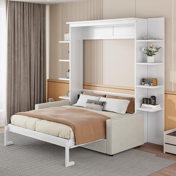 White Wood Frame Queen Size Murphy Bed with Sofa