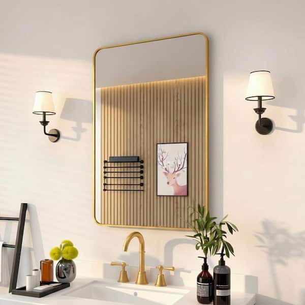 24 in. W x 36 in. H Rectangular Framed Wall Bathroom Vanity Mirror in Brass