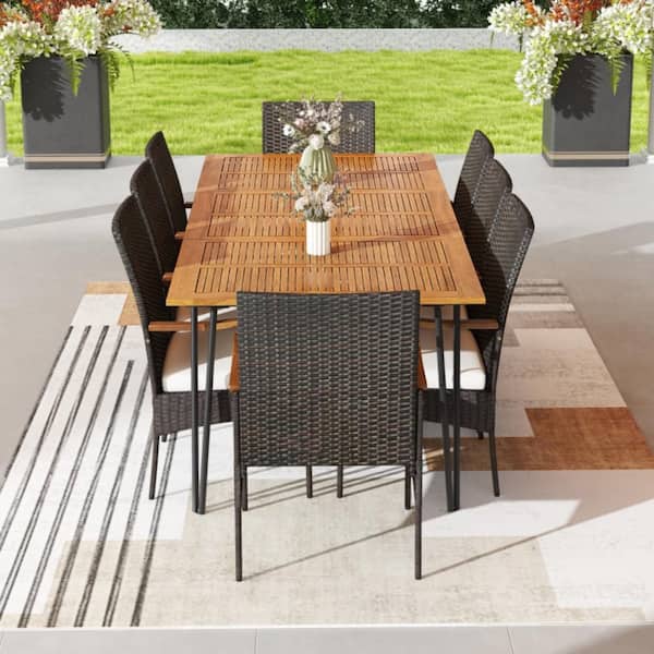 9-Piece Wicker Black Rectangle Outdoor Dining Set with White Cushions and Umbrella Hole