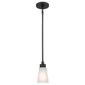 Erma 7.5 in. 1-Light Black Shaded Traditional Kitchen Mini Pendant Light with Satin Etched Glass