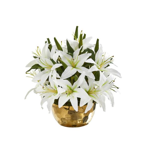 Nearly Natural 14 in. Lily Artificial Arrangement in Gold Vase