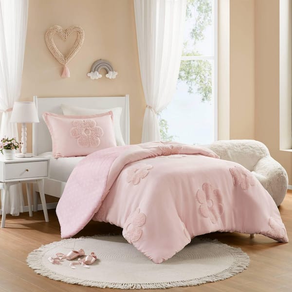 2-Piece Polyester Pink Twin Tufted Chenille Duvet Cover Set