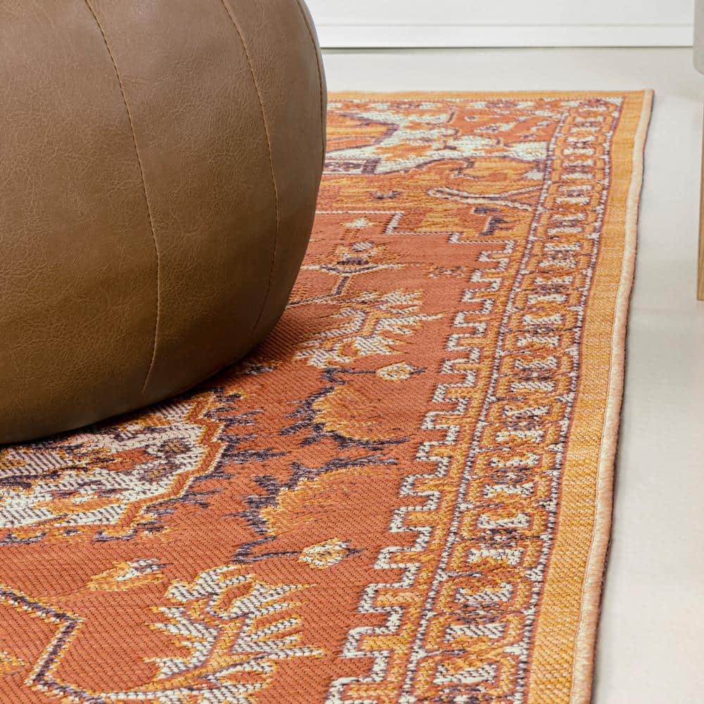 Bijan Terra Blue Cream Medallion Washable Reversible Rug 5x8