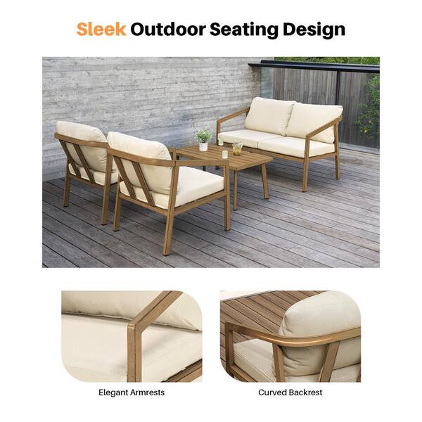 CikaCika Teak Finish 4-Piece Aluminum Patio Conversation Set with