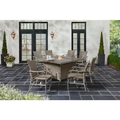Stonehaven 9-Piece Wicker Metal Stationary Outdoor Dining Fire Pit Set