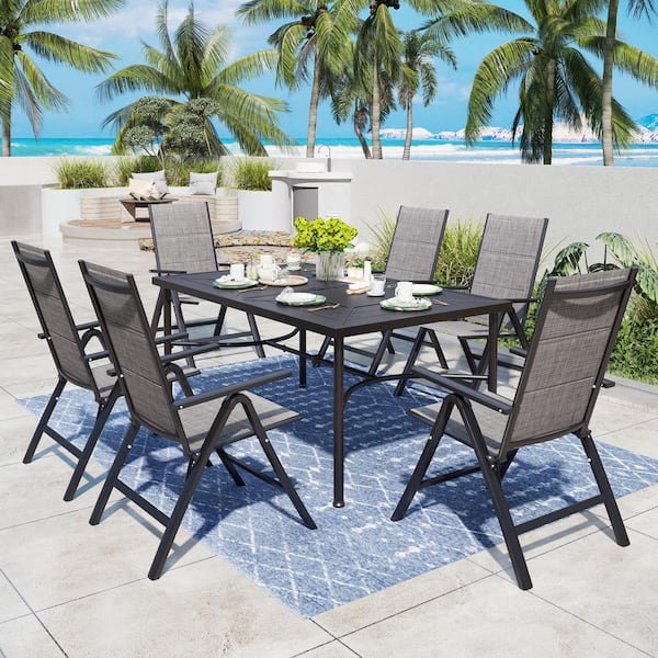 PHI VILLA 7-Piece Metal Patio Outdoor Dining Set with Padded Folding Sling Chair
