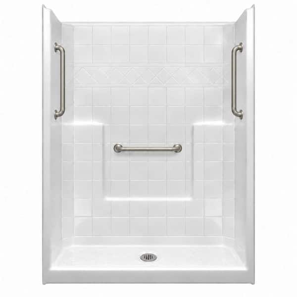 Liberty 60 in. x 33 in. x 77 in. AcrylX 1-Piece Shower Wall and Shower Pan in White with 3 Loose Grab Bars,Center Drain