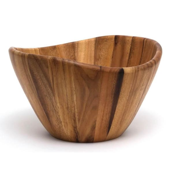 Unbranded 12 in. 162.31 fl. oz. Brown Acacia Wave Large Wooden Finish Salad Serving Bowl