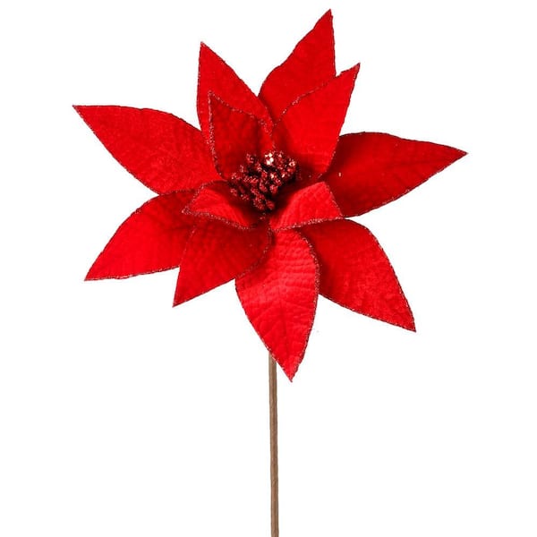 24 in. Red Artificial Velvet Glitter Edge Jewel Poinsettia Stem (Set of 3)