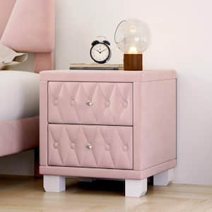 Pink Elegant 2-Drawer Velvet Button-Tufted Nightstand with Crystal Handles