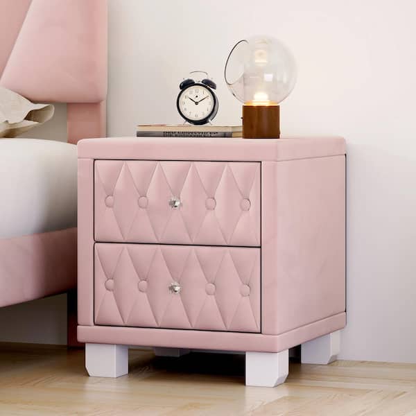 Harper & Bright Designs Pink Elegant 2-Drawer Velvet Button-Tufted Nightstand with Crystal Handles