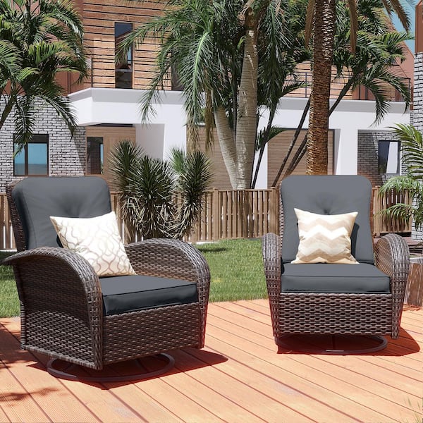 PATIOGUARDER 2-piece Brown Wicker 360° Swivel Outdoor Rocking Chair with Dark Gray Cushion