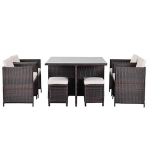 9-Piece Wicker Outdoor Dining Set with Beige Cushions